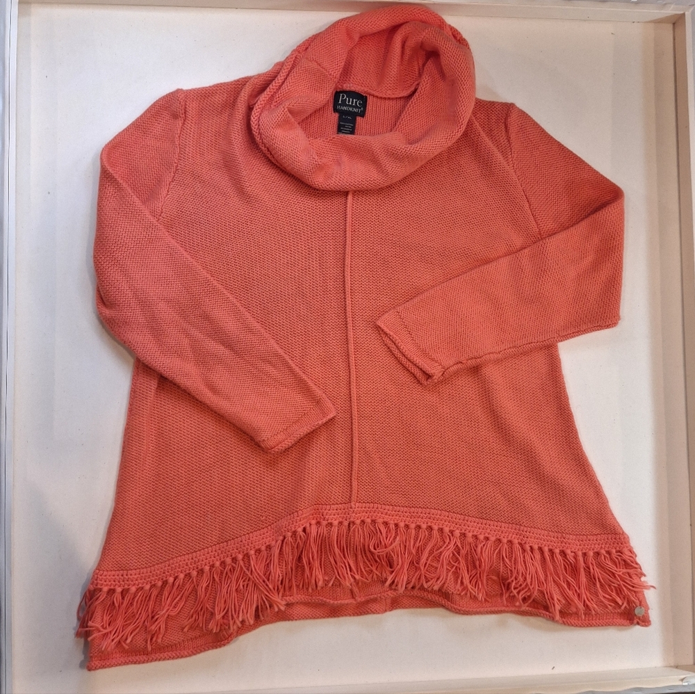 PURE Handknit Cotton Coral Sweater Women's Cowl Neck Fringe Detail | Size L/XL